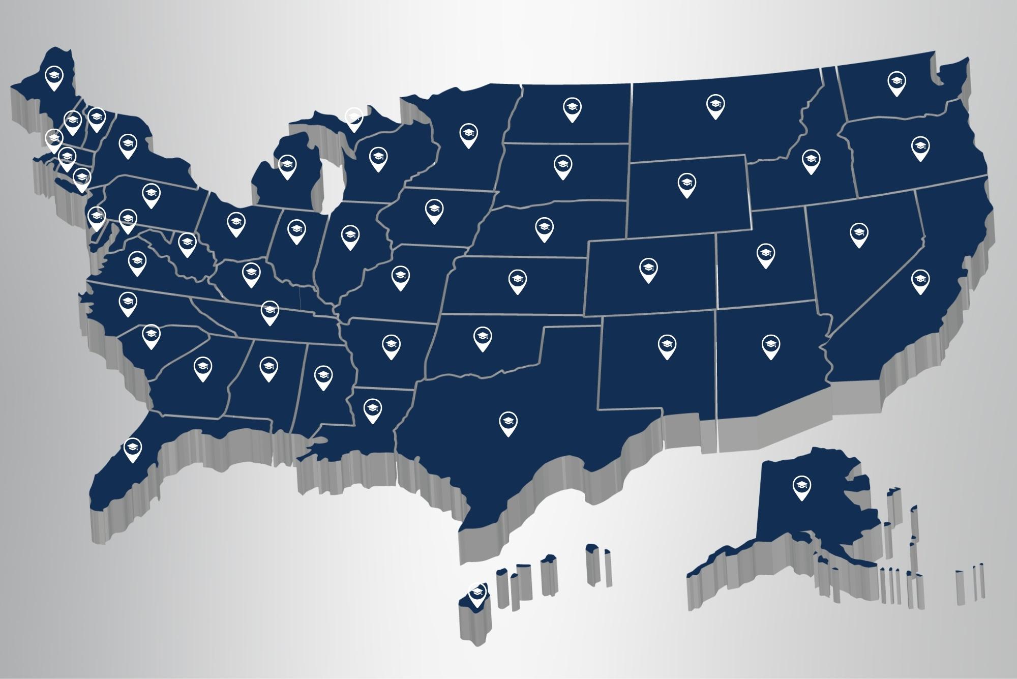 美国地图，在所有50个州都有精确的位置. 